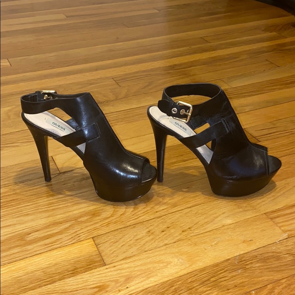 Guess Black Leather Platform Peep-Toe Heel Sandals